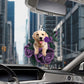 Golden Retriever In Purple Rose Car Hanging Ornament