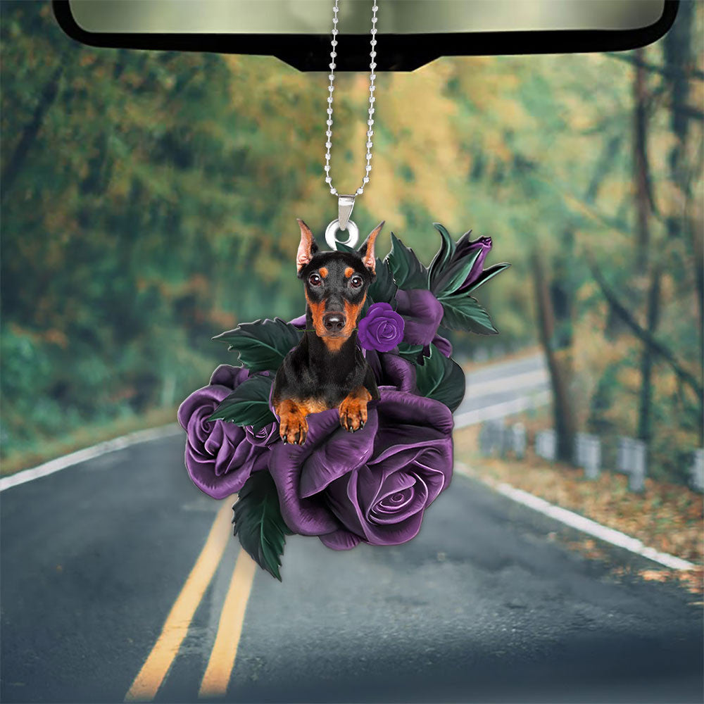 Doberman In Purple Rose Car Hanging Ornament