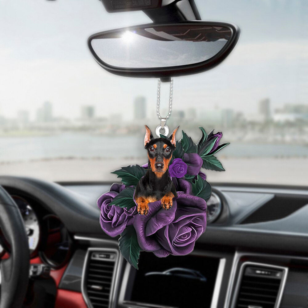 Doberman In Purple Rose Car Hanging Ornament