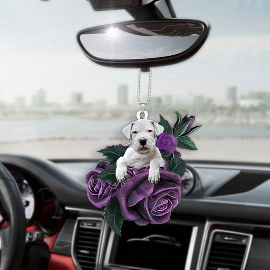 Dogo Argentino In Purple Rose Car Hanging Ornament