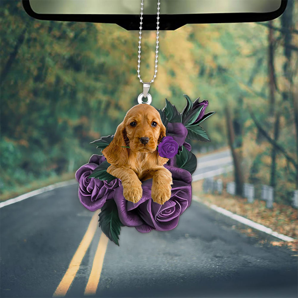 English Cocker Spaniel In Purple Rose Car Hanging Ornament