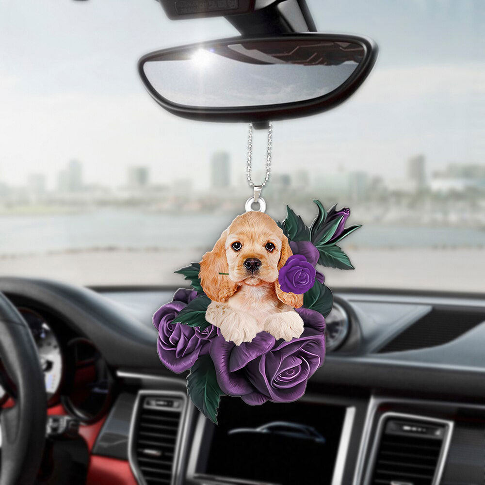 Cocker Spaniel In Purple Rose Car Hanging Ornament