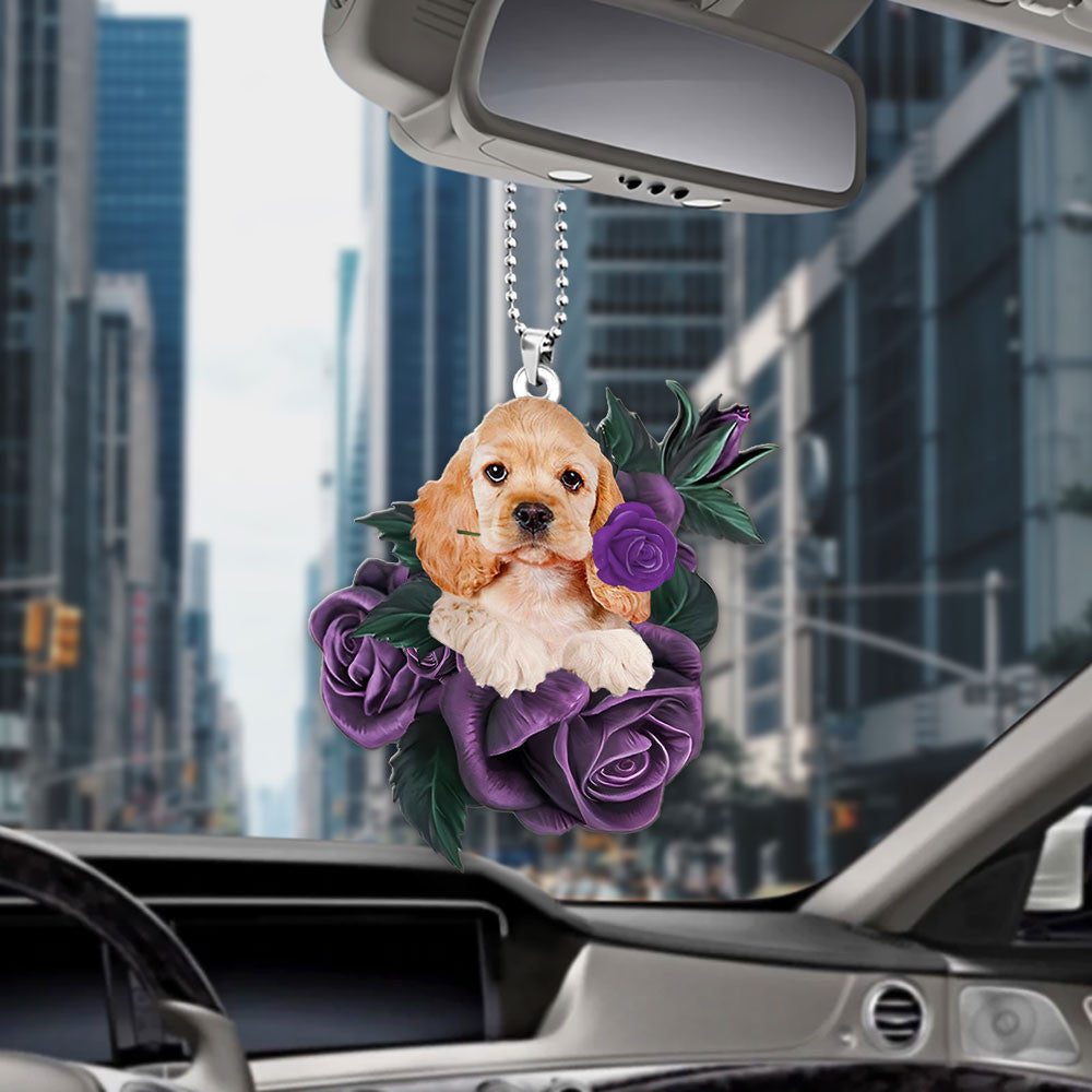 Cocker Spaniel In Purple Rose Car Hanging Ornament