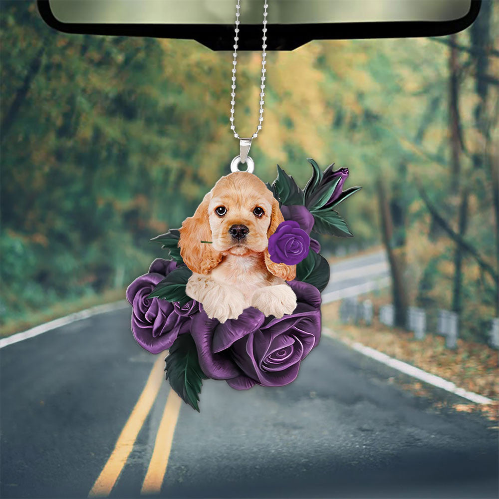 Cocker Spaniel In Purple Rose Car Hanging Ornament