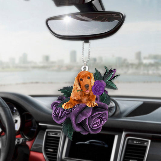 Cocker Spaniel In Purple Rose Car Hanging Ornament