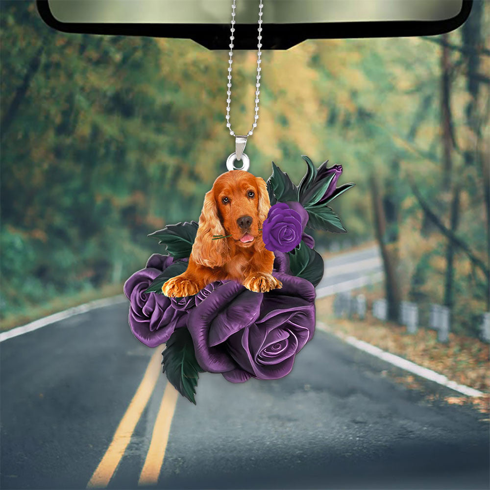 Cocker Spaniel In Purple Rose Car Hanging Ornament