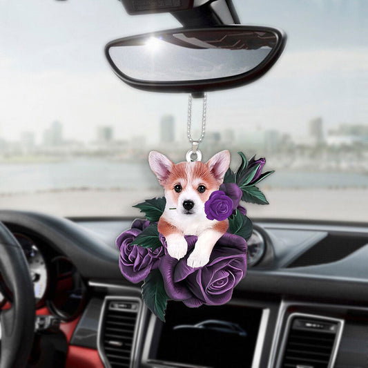 Corgi In Purple Rose Car Hanging Ornament