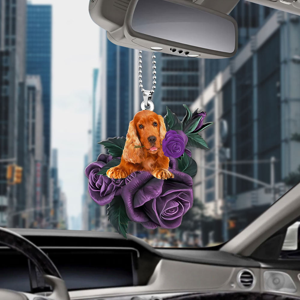 Cocker Spaniel In Purple Rose Car Hanging Ornament