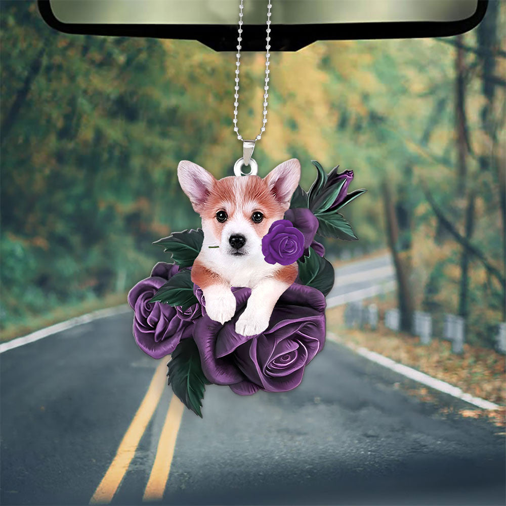 Corgi In Purple Rose Car Hanging Ornament