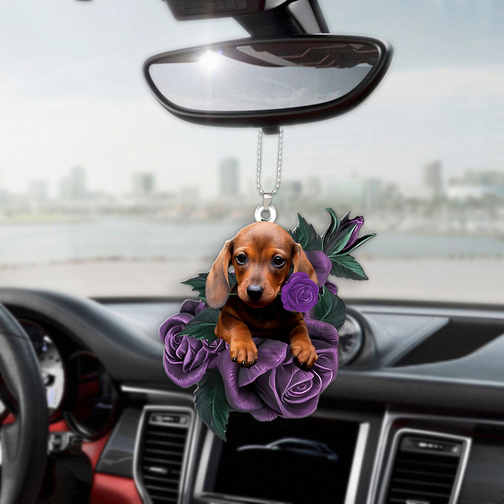 Dachshund In Purple Rose Car Hanging Ornament