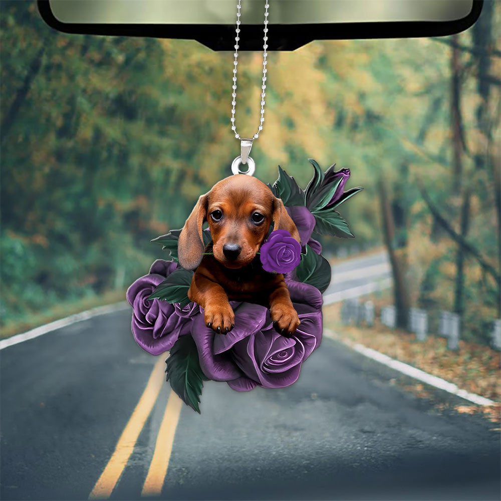 Dachshund In Purple Rose Car Hanging Ornament