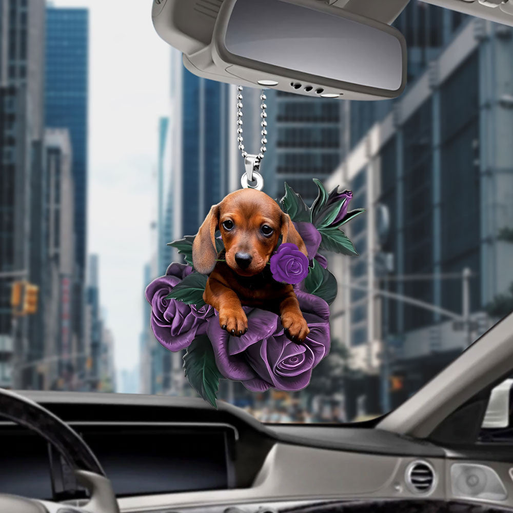 Dachshund In Purple Rose Car Hanging Ornament