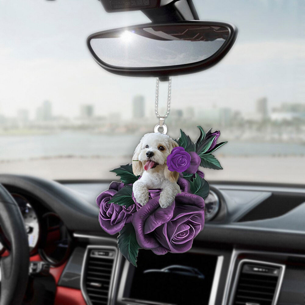 Cockapoo In Purple Rose Car Hanging Ornament