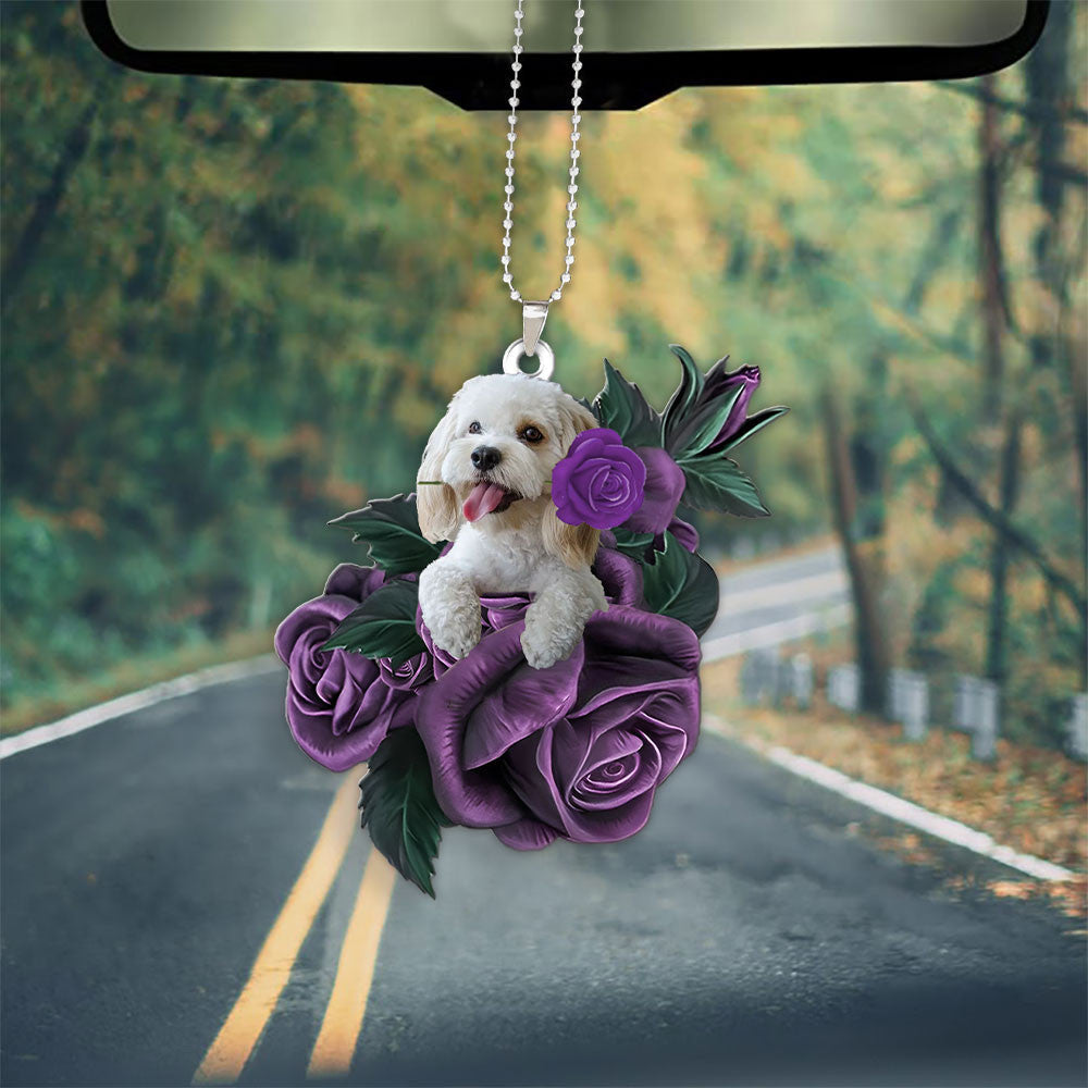 Cockapoo In Purple Rose Car Hanging Ornament