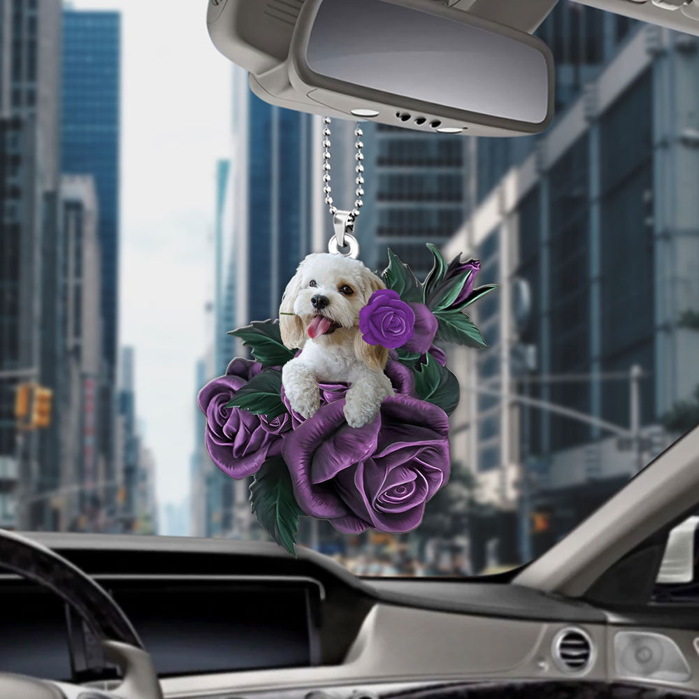 Cockapoo In Purple Rose Car Hanging Ornament