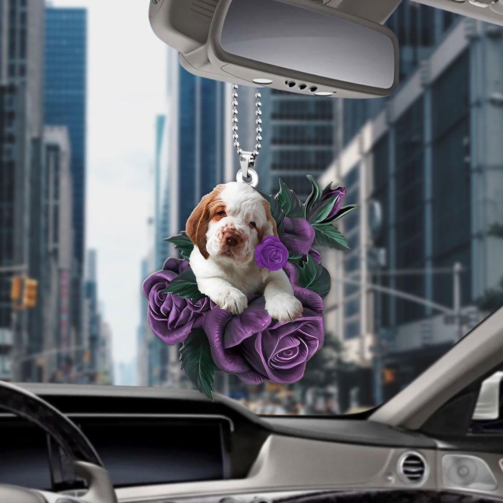 Clumber Spaniel In Purple Rose Car Hanging Ornament