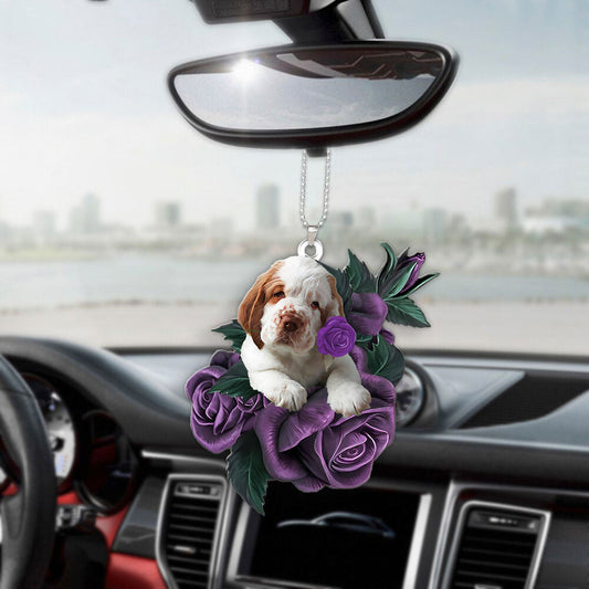 Clumber Spaniel In Purple Rose Car Hanging Ornament