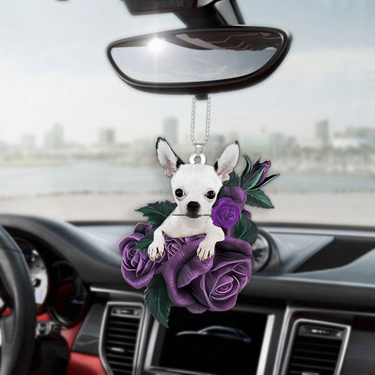 Chihuahua In Purple Rose Car Hanging Ornament