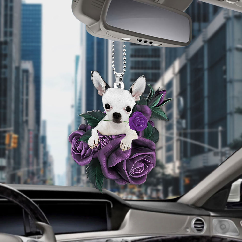 Chihuahua In Purple Rose Car Hanging Ornament