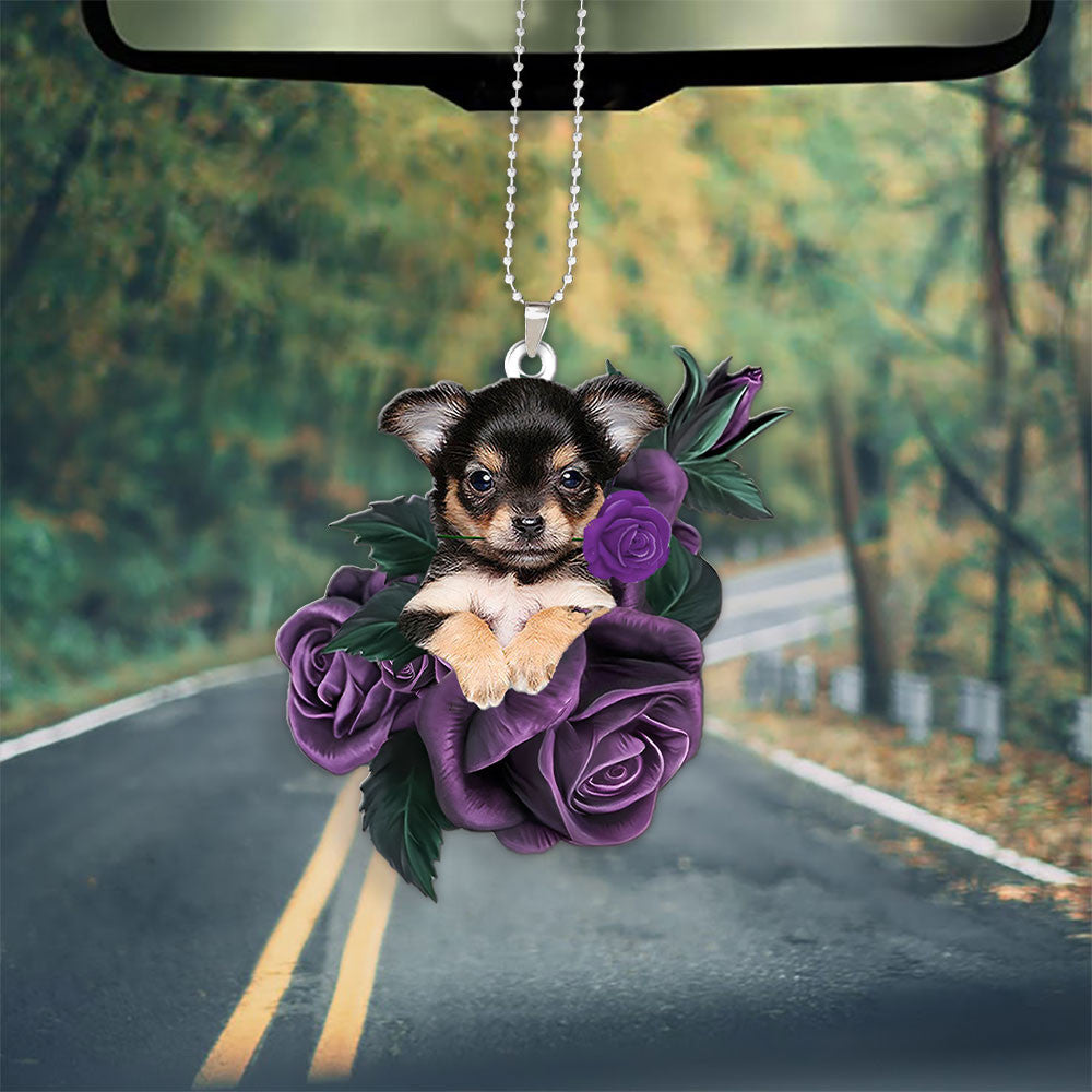 Chihuahua In Purple Rose Car Hanging Ornament