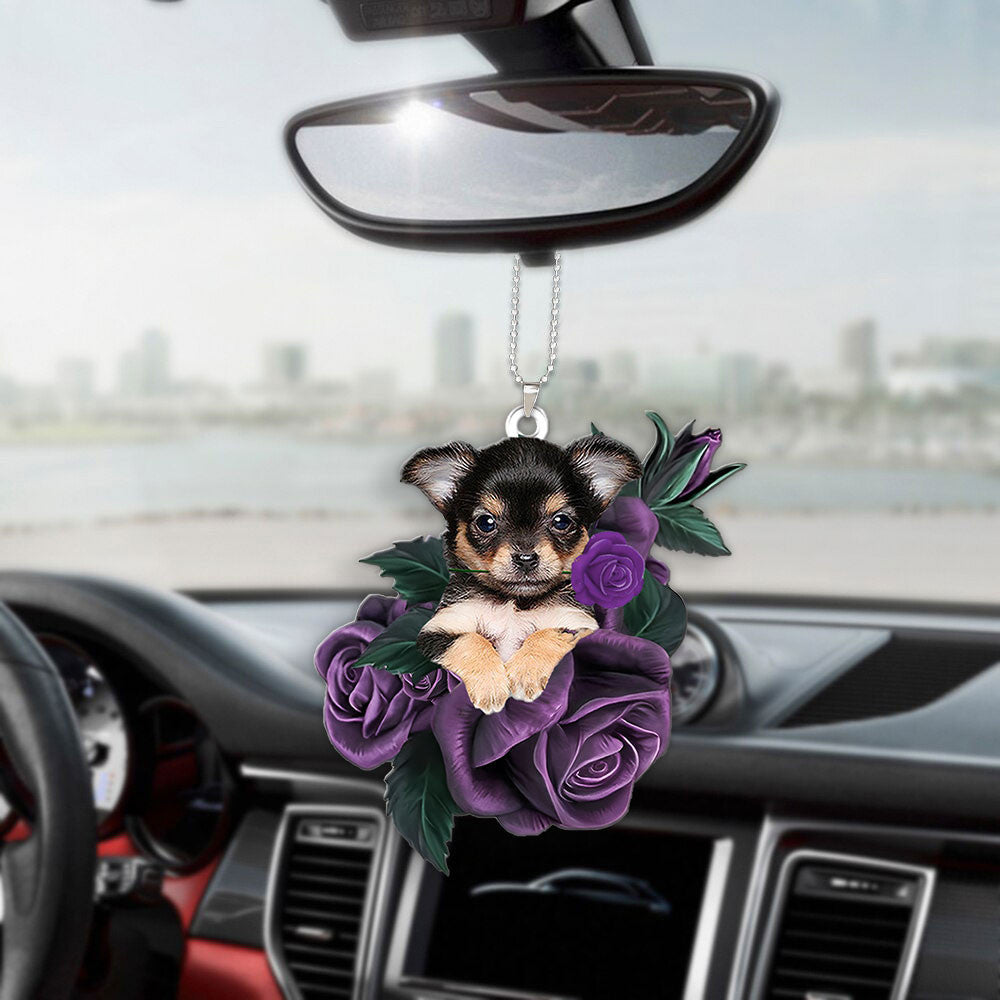 Chihuahua In Purple Rose Car Hanging Ornament