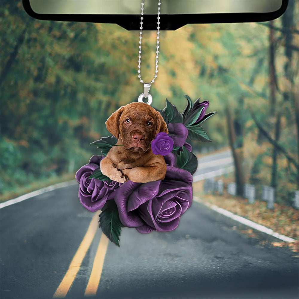 Chesapeake Bay Retriever In Purple Rose Car Hanging Ornament