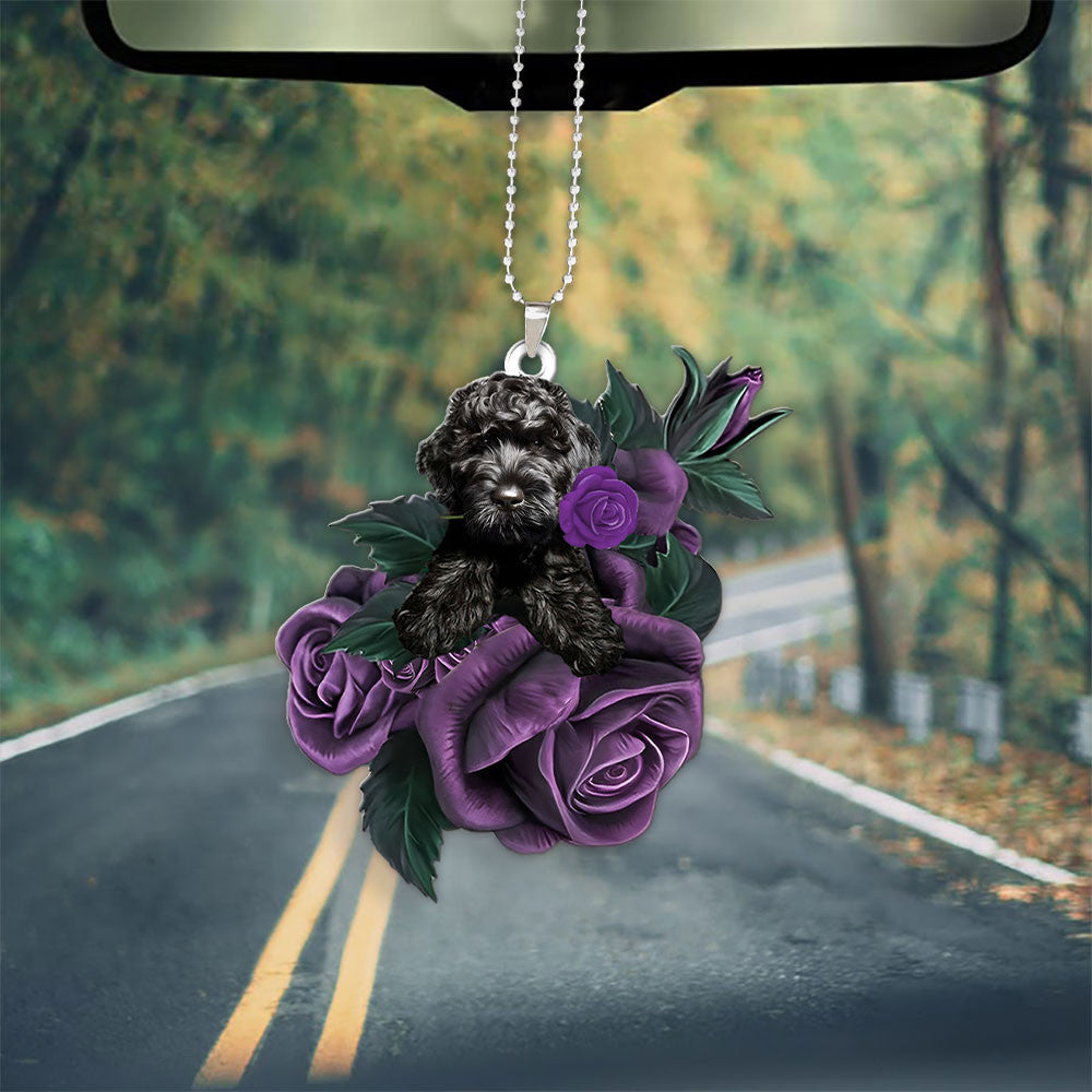 Cavapoo In Purple Rose Car Hanging Ornament