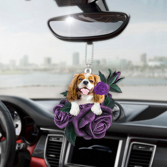 Cavalier King Charles Spaniel In Purple Rose Car Hanging Ornament