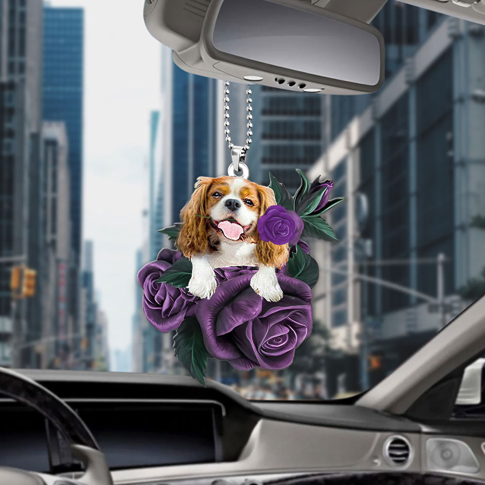 Cavalier King Charles Spaniel In Purple Rose Car Hanging Ornament