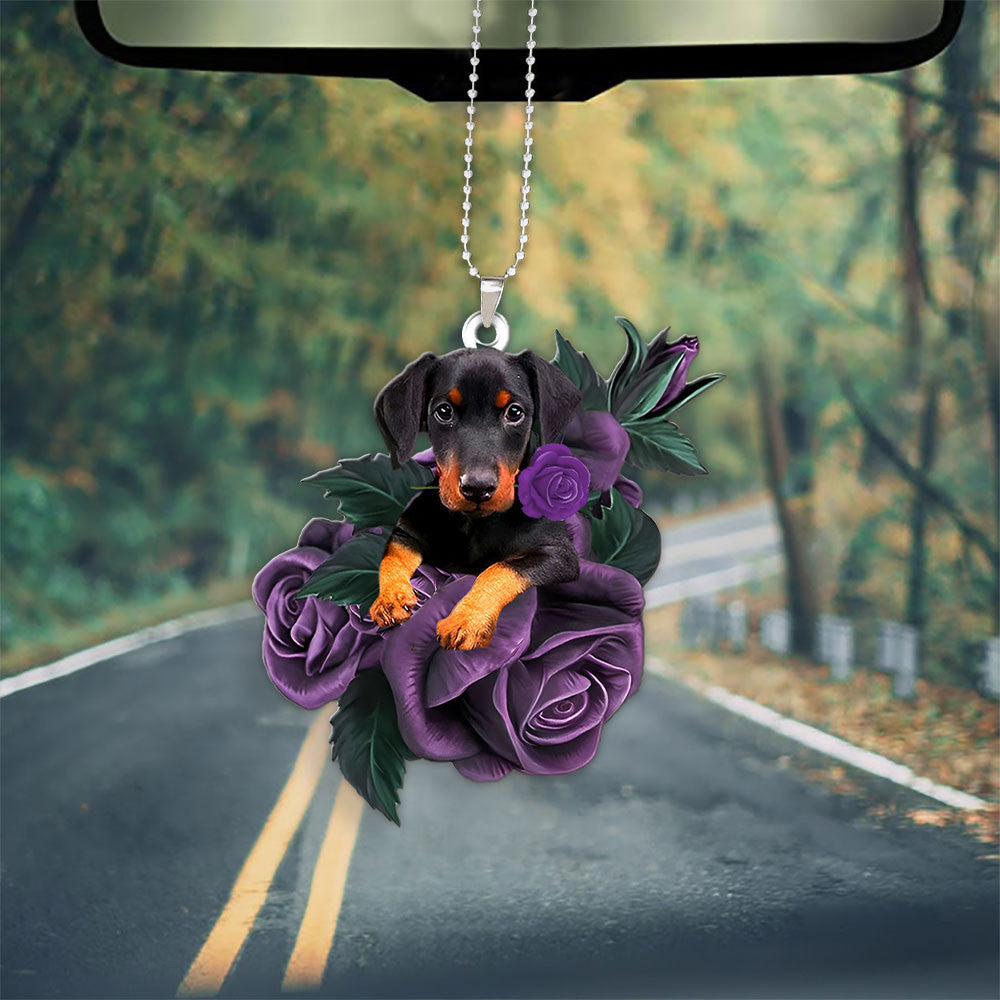 Doberman In Purple Rose Car Hanging Ornament