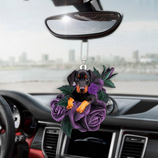 Doberman In Purple Rose Car Hanging Ornament