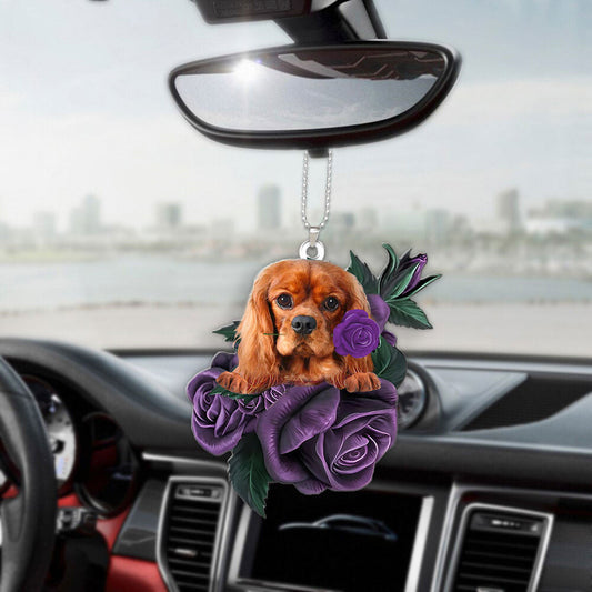 Cavalier King Charles Spaniel In Purple Rose Car Hanging Ornament