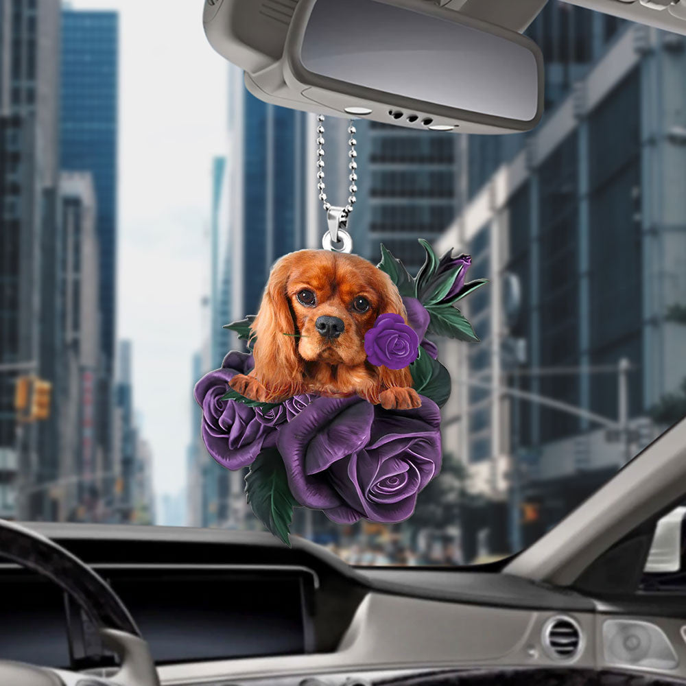 Cavalier King Charles Spaniel In Purple Rose Car Hanging Ornament