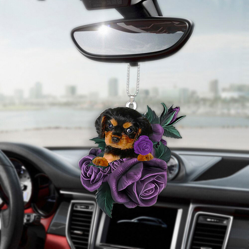 Cavalier King Charles Spaniel In Purple Rose Car Hanging Ornament
