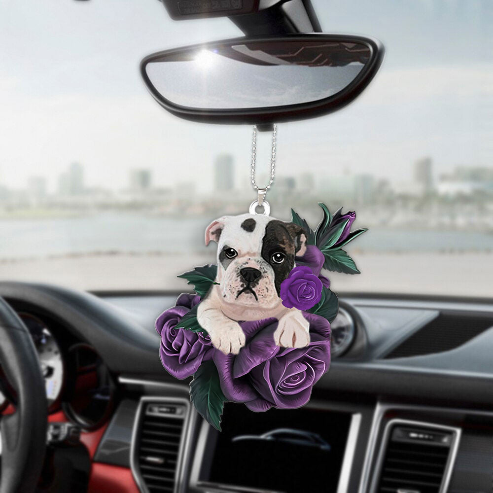 Bulldog In Purple Rose Car Hanging Ornament