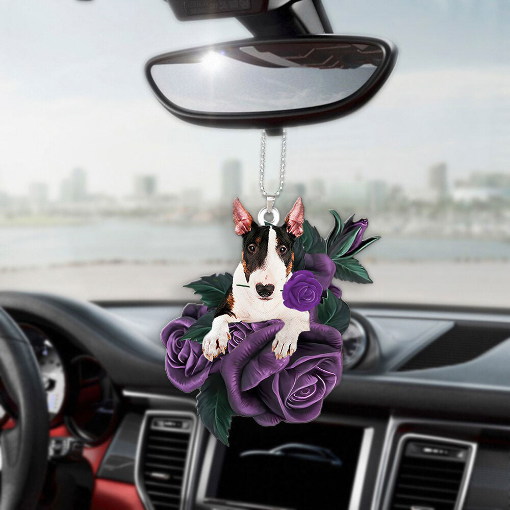 Bull Terrier In Purple Rose Car Hanging Ornament