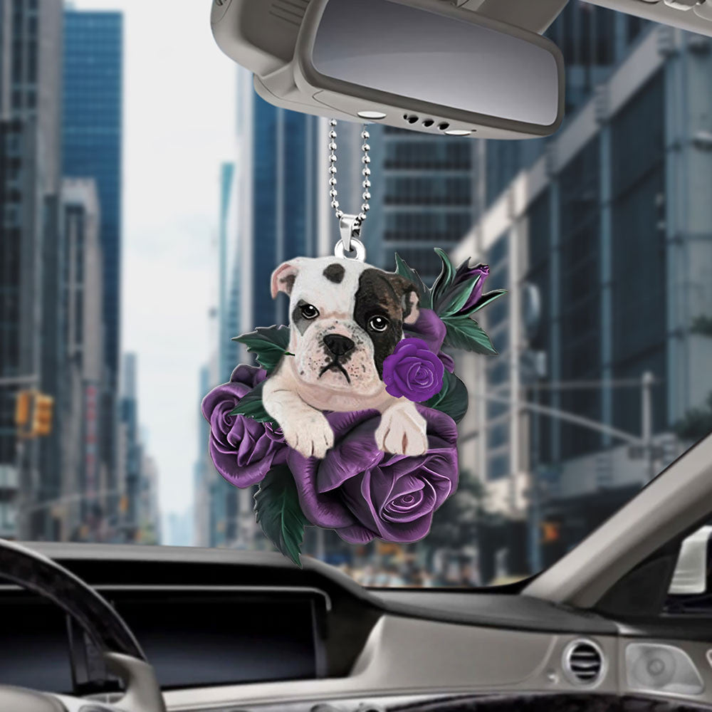 Bulldog In Purple Rose Car Hanging Ornament