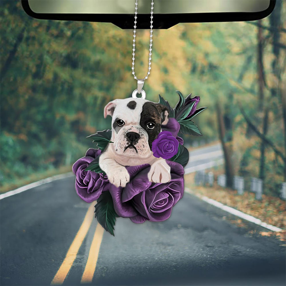 Bulldog In Purple Rose Car Hanging Ornament