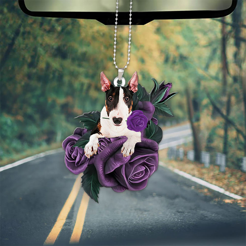 Bull Terrier In Purple Rose Car Hanging Ornament