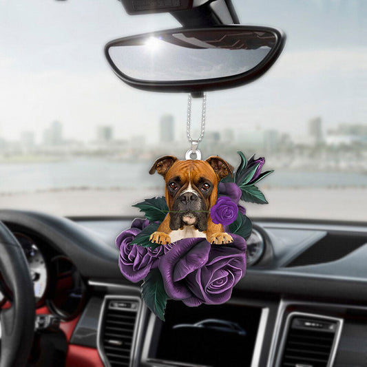 Boxer In Purple Rose Car Hanging Ornament