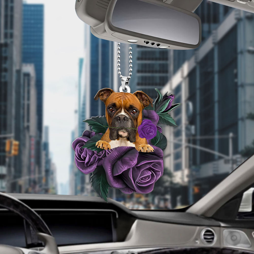 Boxer In Purple Rose Car Hanging Ornament