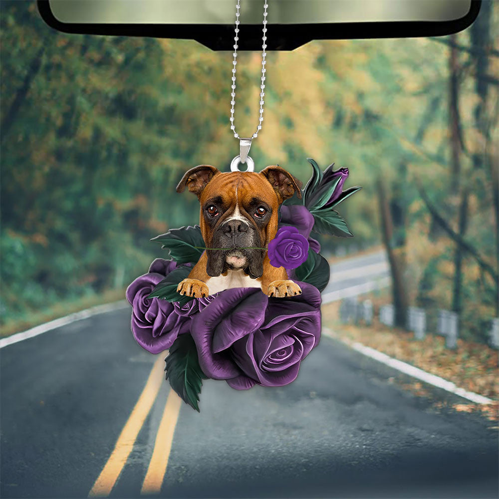 Boxer In Purple Rose Car Hanging Ornament