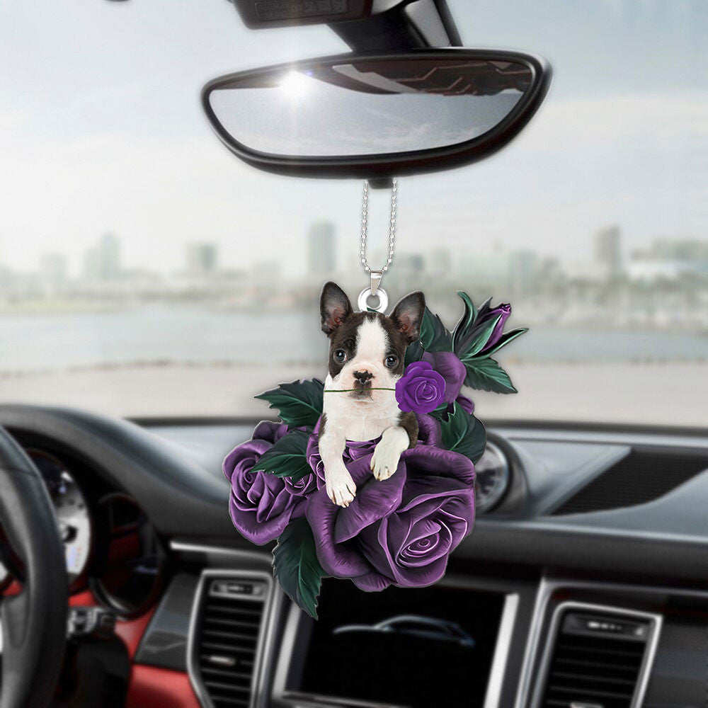 Boston Terrier In Purple Rose Car Hanging Ornament