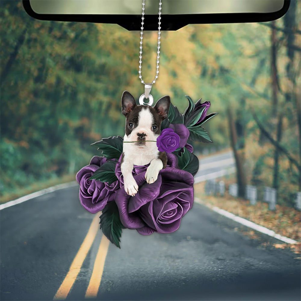 Boston Terrier In Purple Rose Car Hanging Ornament