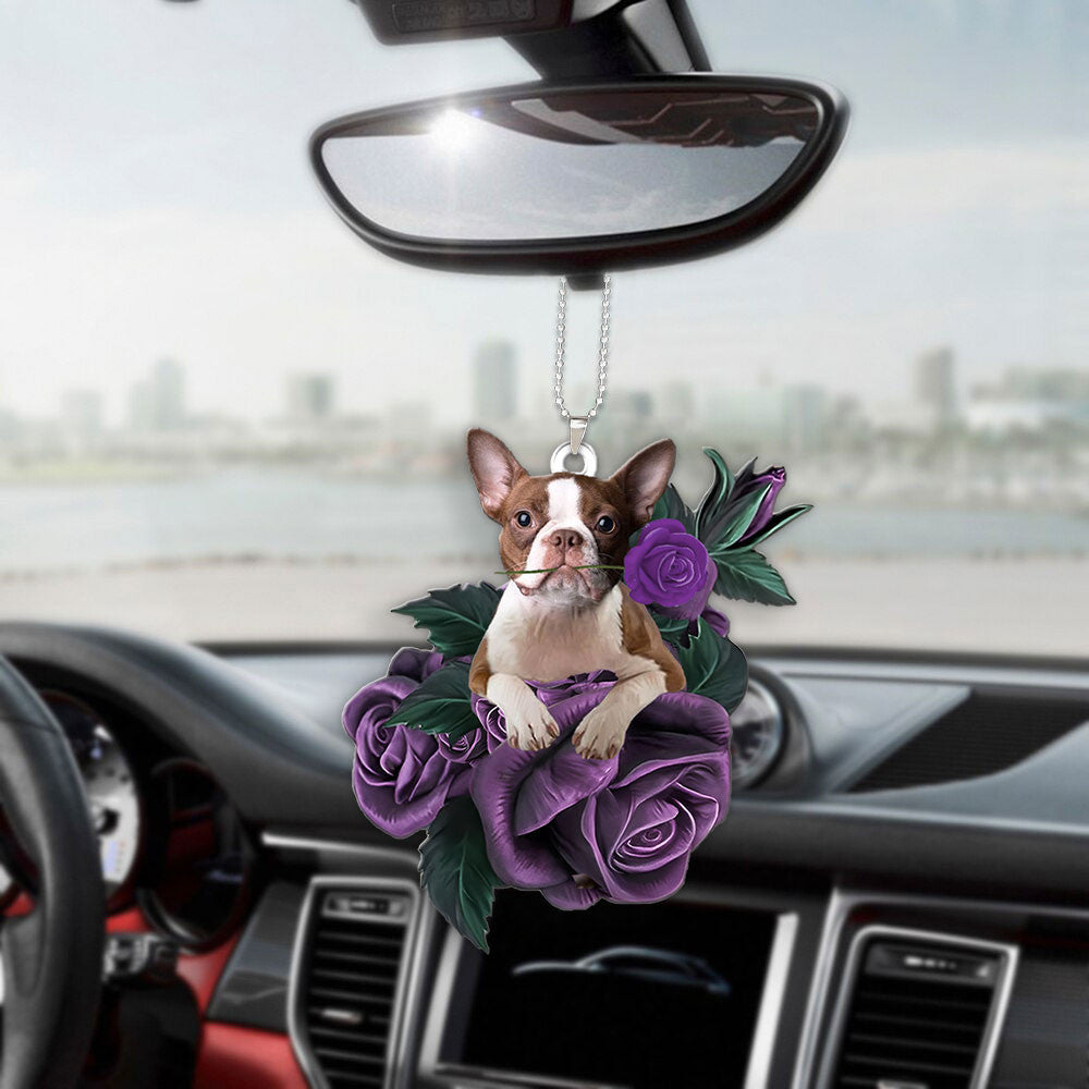 Boston Terrier In Purple Rose Car Hanging Ornament