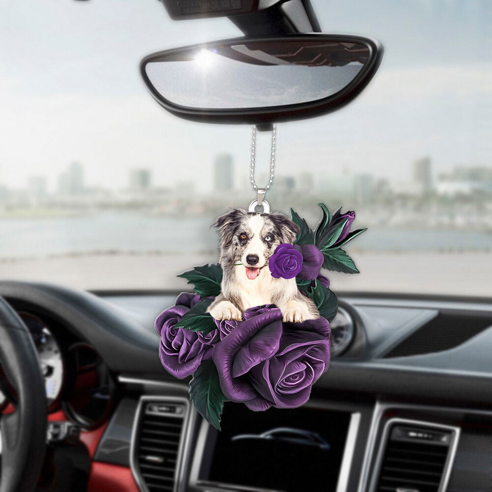 Border Collie In Purple Rose Car Hanging Ornament