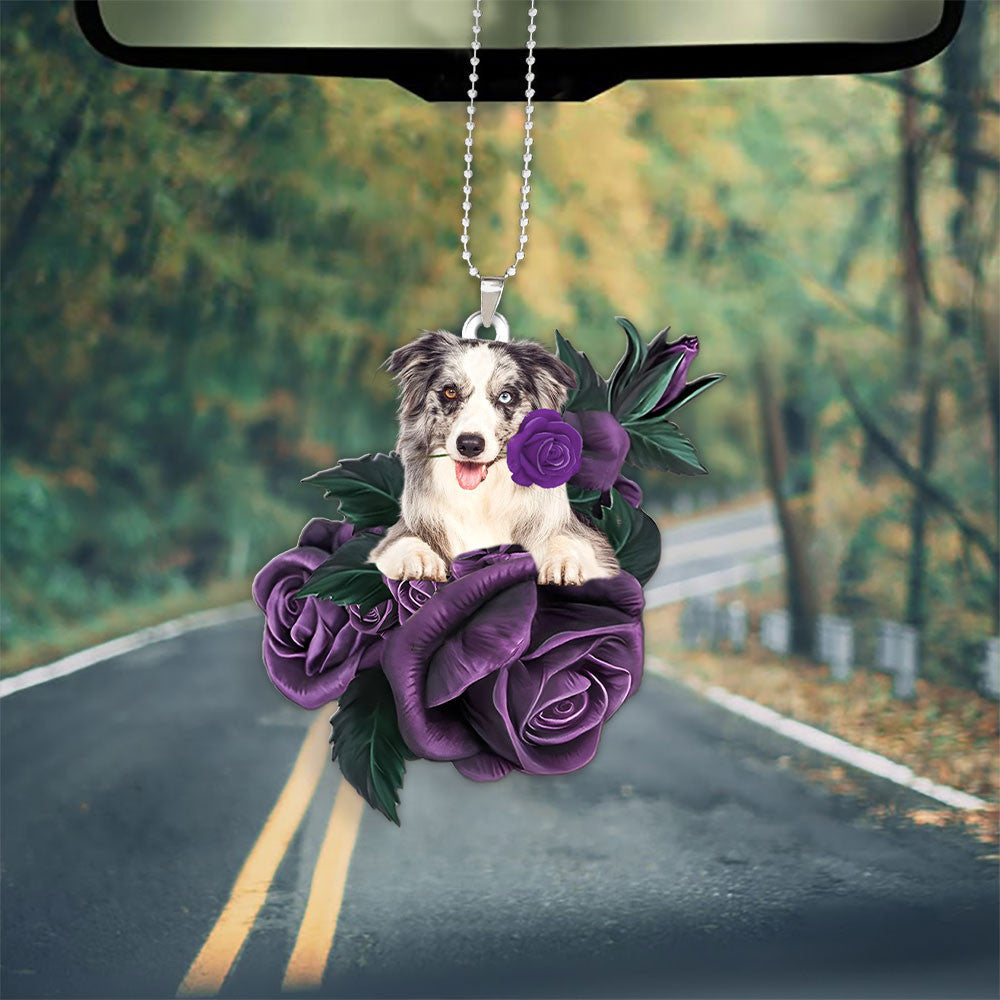 Border Collie In Purple Rose Car Hanging Ornament