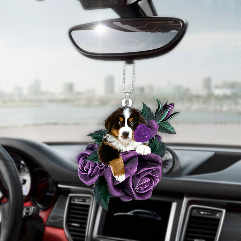 Bernese Mountain In Purple Rose Car Hanging Ornament