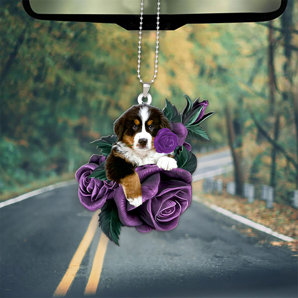 Bernese Mountain In Purple Rose Car Hanging Ornament