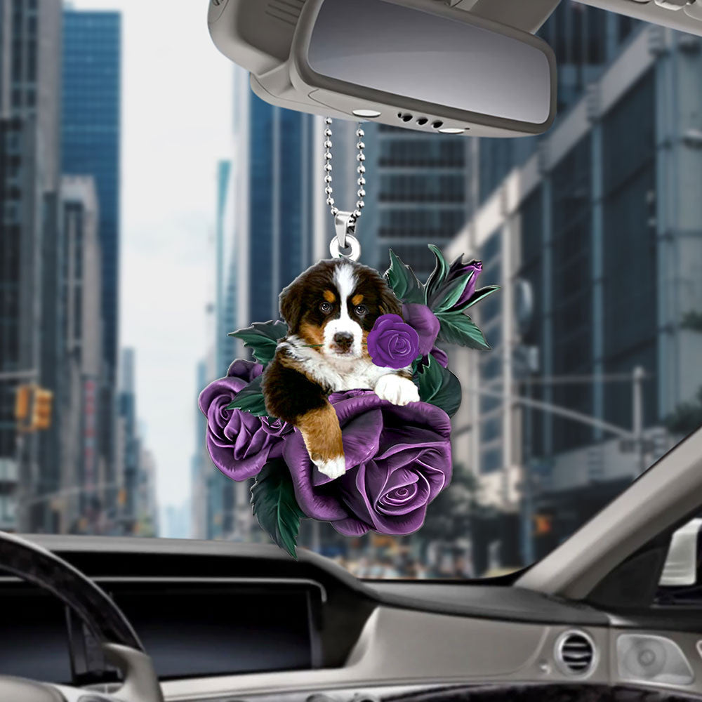 Bernese Mountain In Purple Rose Car Hanging Ornament